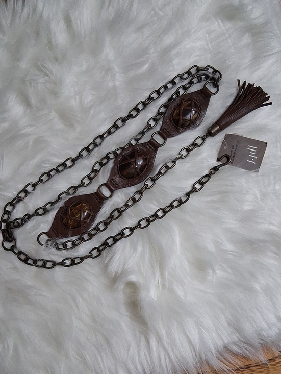 J. Jill Accessories - NWT J. Jill Boho Brown Leather Tassel Chain Belt-Bark Color-L/XL